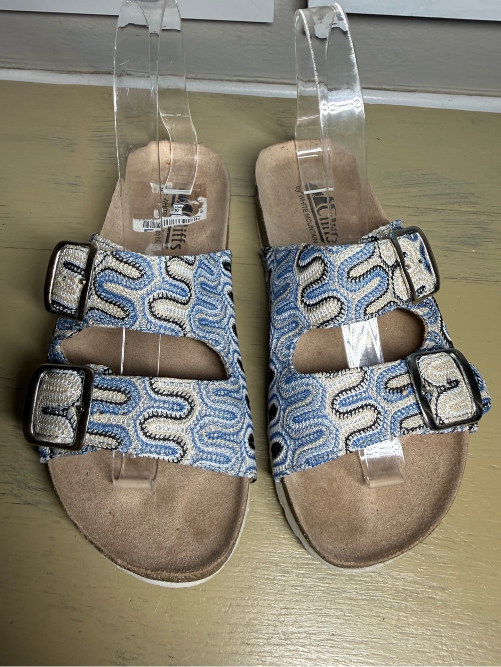 Blue & Cream Swirl Embroidered Woven Double Strap Buckle Sandals
